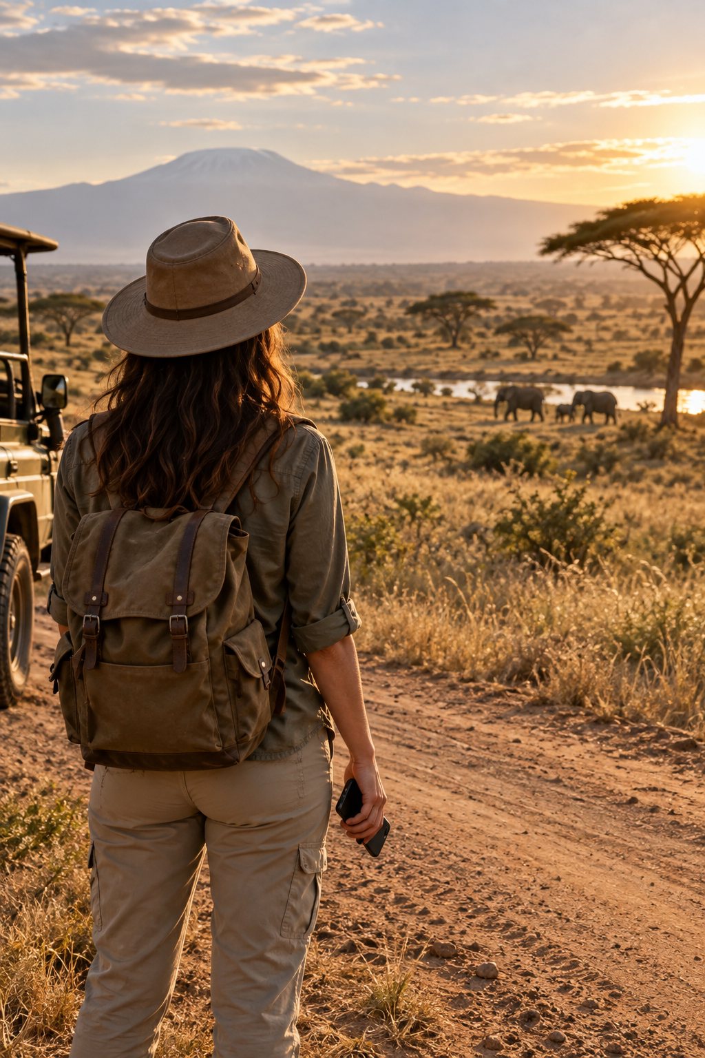 Traveler using a smartphone beside a safari road in Kenya.