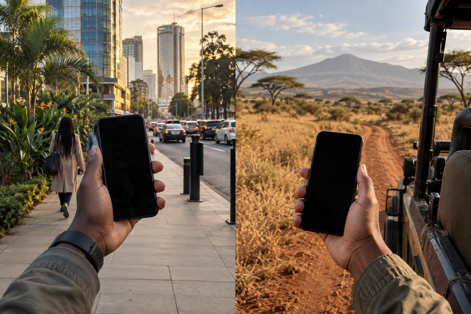 Nairobi city street and remote Kenyan safari route representing different mobile coverage environments.