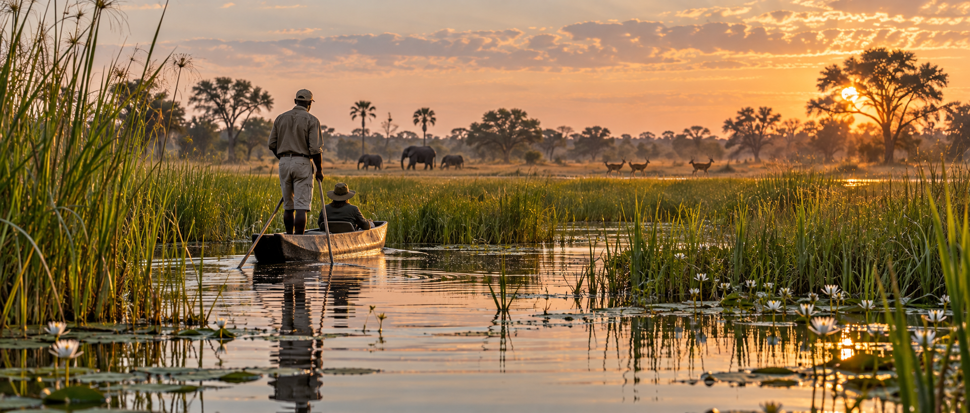 A mokoro canoe moving through flooded channels in Botswana's Okavango Delta