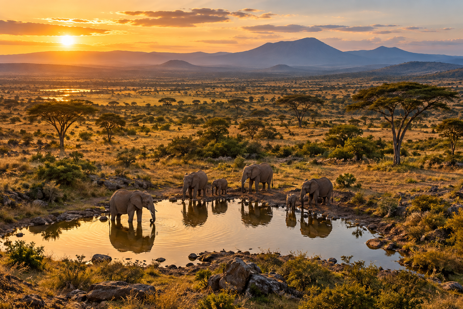 Elephants gathering at a watering hole on an African savanna