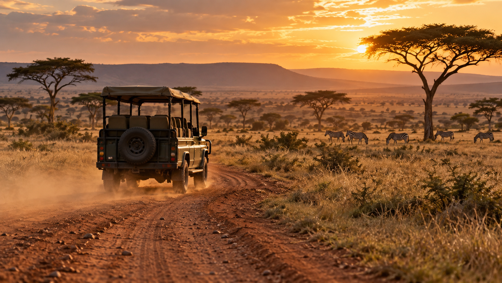 Safari vehicle on a track in Kenya’s Masai Mara surrounded by open grassland.