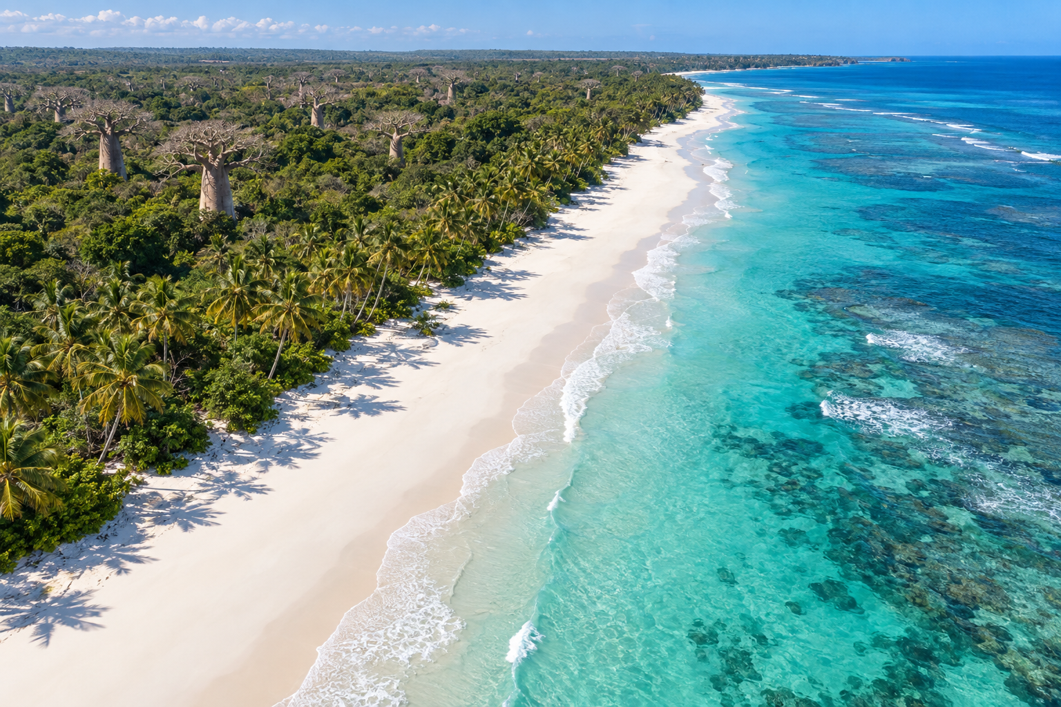 White sand and turquoise water along Diani Beach on Kenya's Indian Ocean coast