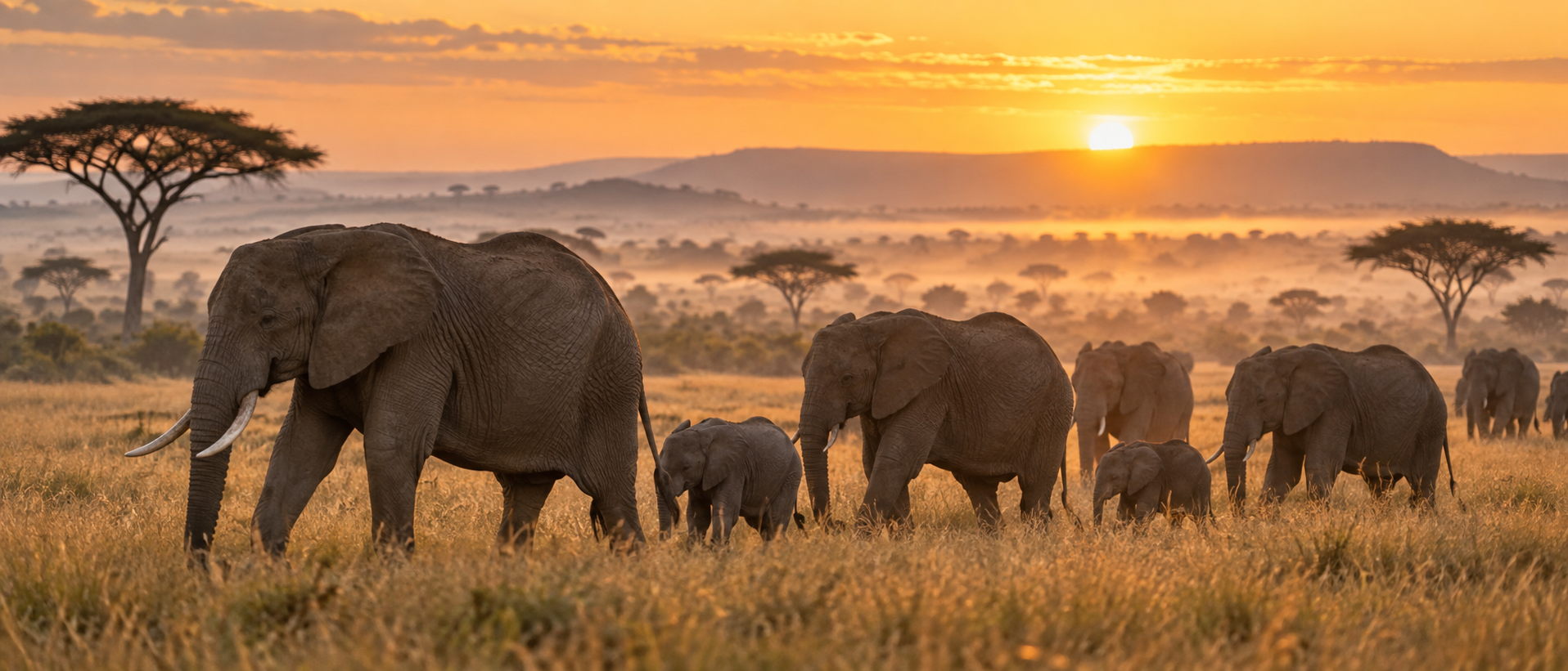 Elephants crossing grassland in Kenya's Maasai Mara at sunrise