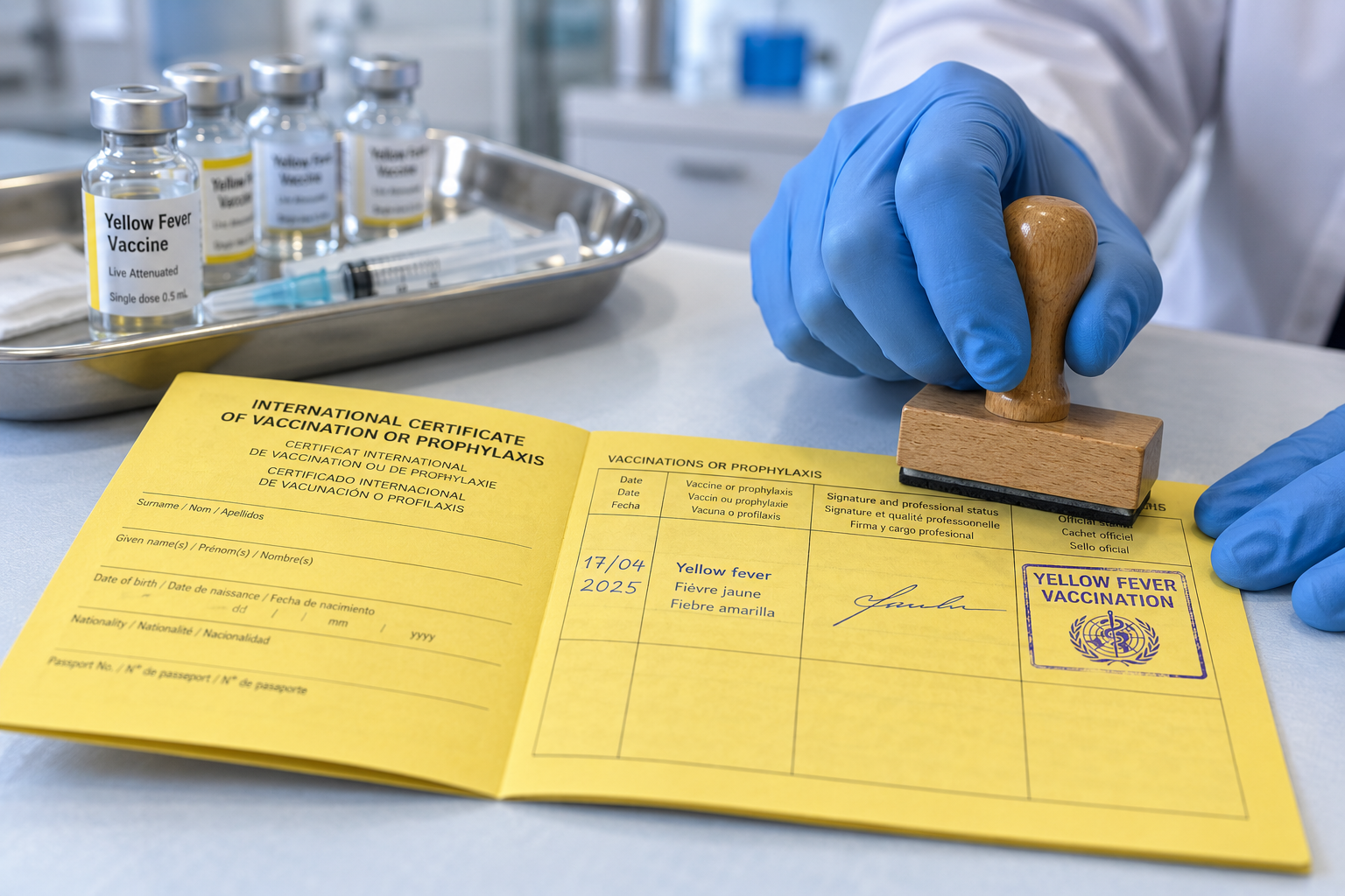 Yellow fever vaccination card being stamped at travel health clinic with medical supplies in background