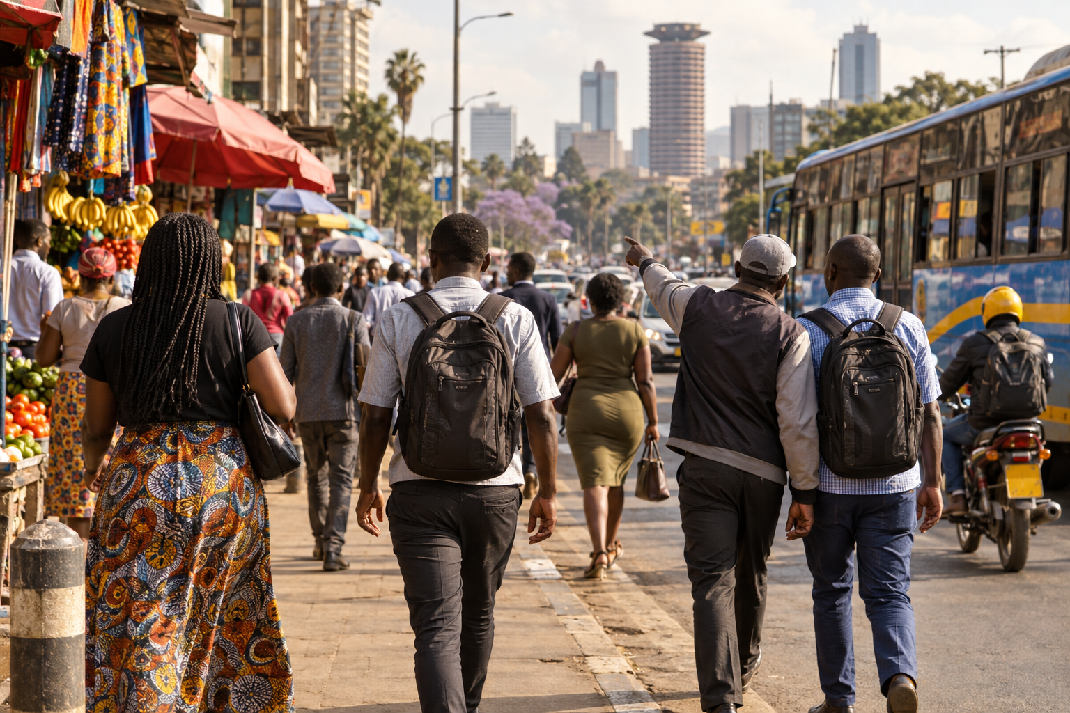 Busy Nairobi street showing everyday multilingual urban life in Kenya.