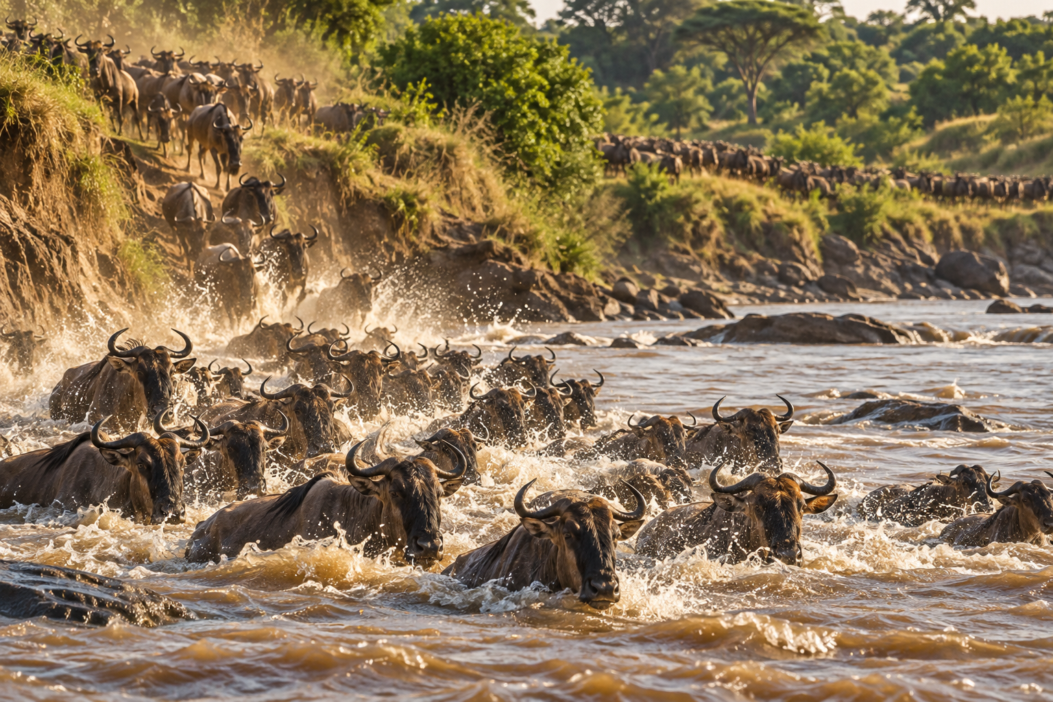 A large herd of wildebeest splashes across a river during the Great Migration.