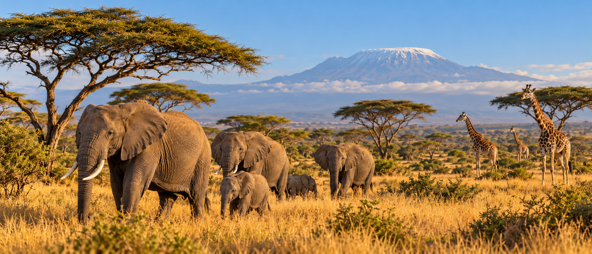 Elephants and giraffes move through a sunlit Kenyan savanna dotted with acacia trees.