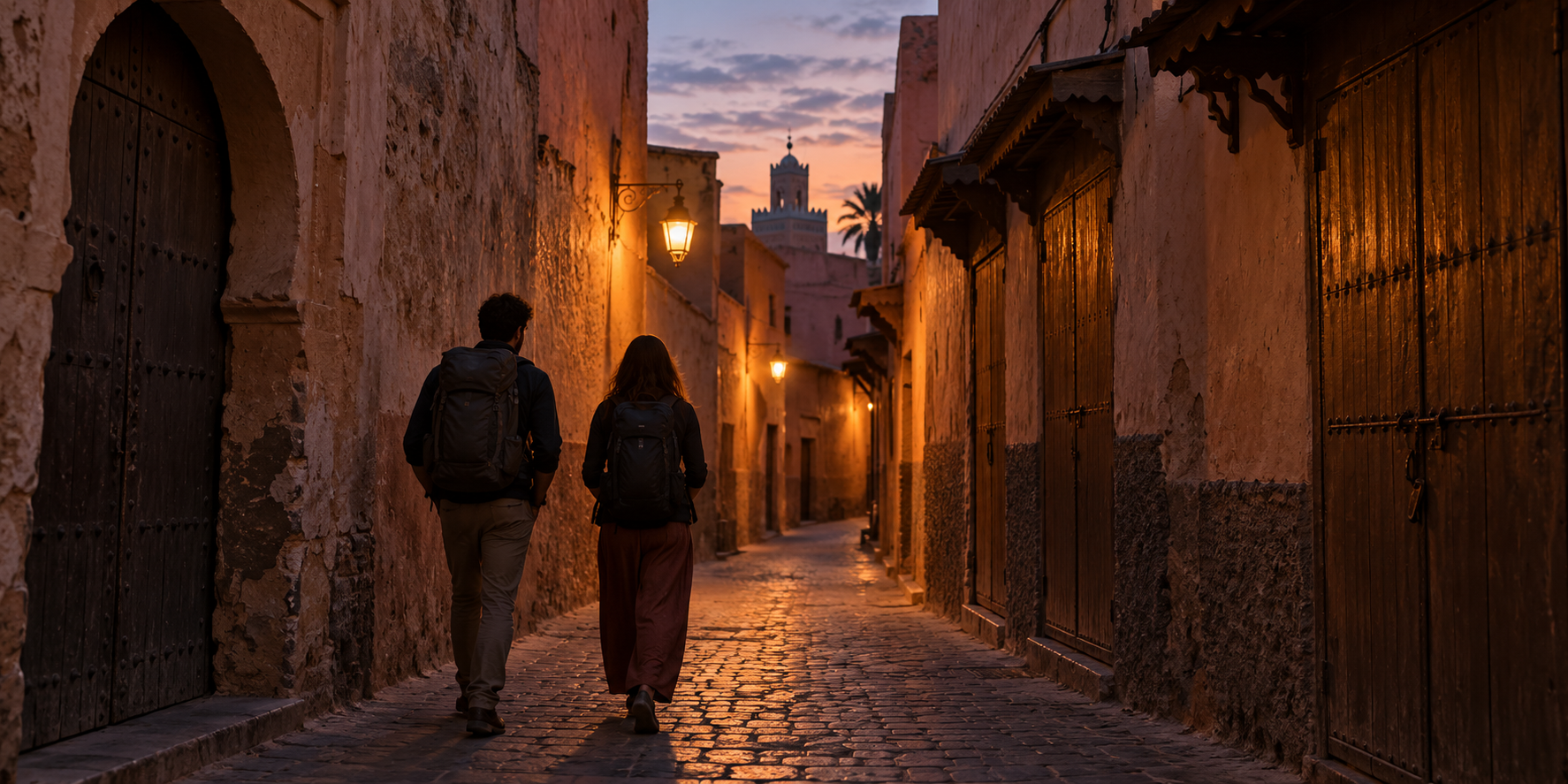 Travelers walking discreetly through a quiet Moroccan medina alley at dusk
