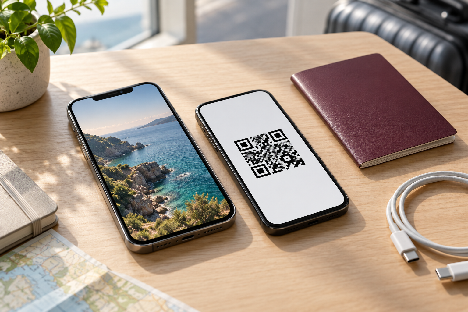 Smartphone mit QR-Code zur Vorbereitung der eSIM vor der Abreise