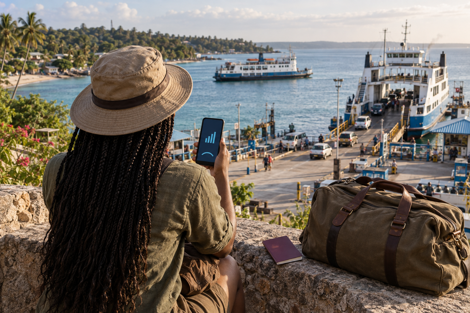 Traveler using a smartphone beside luggage at an East African ferry terminal.
