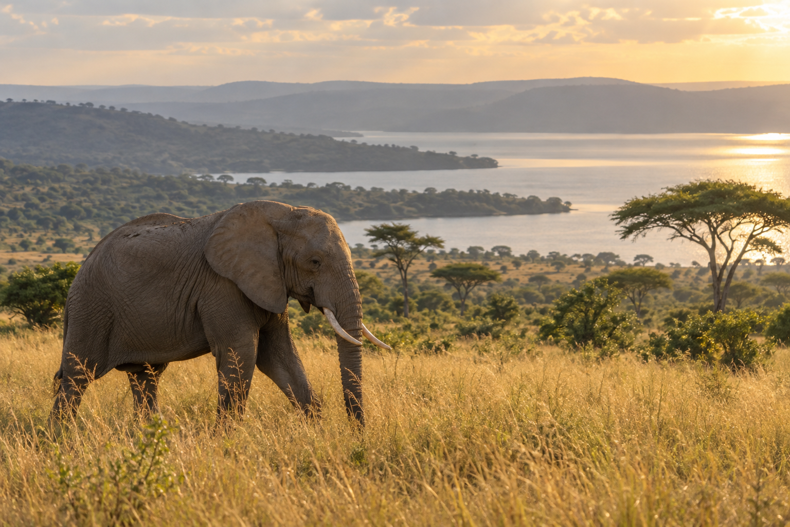 An elephant walks across grassland near a lake in Akagera National Park, Rwanda.