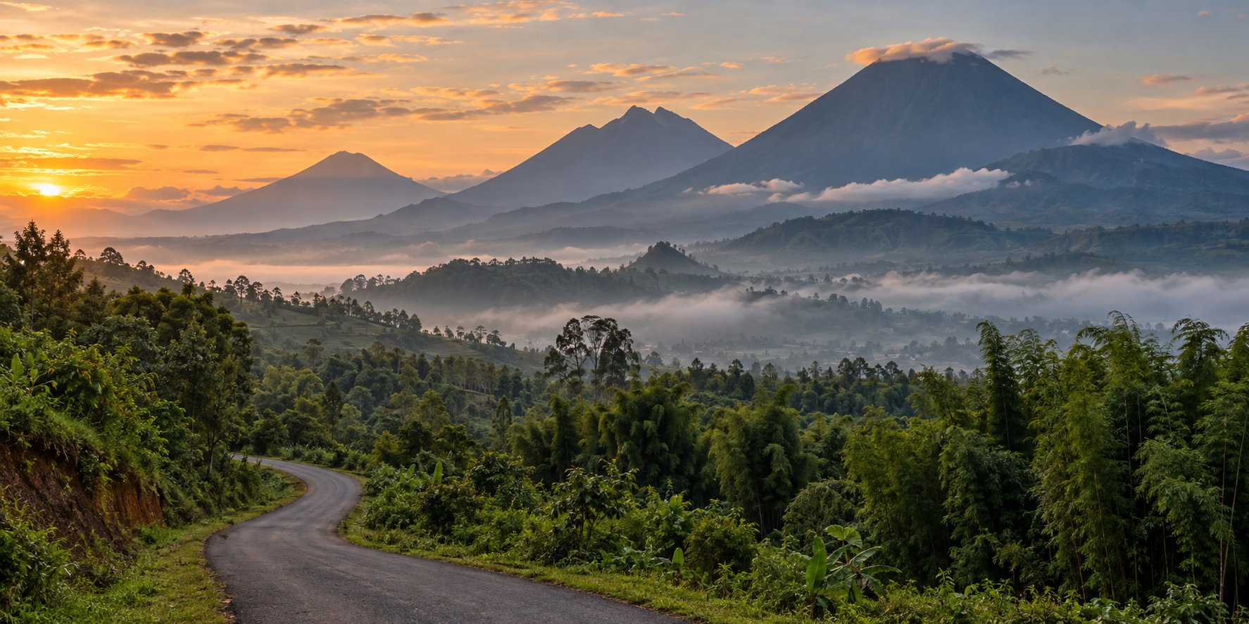 Misty Virunga volcanoes and forested foothills near Volcanoes National Park in Rwanda.