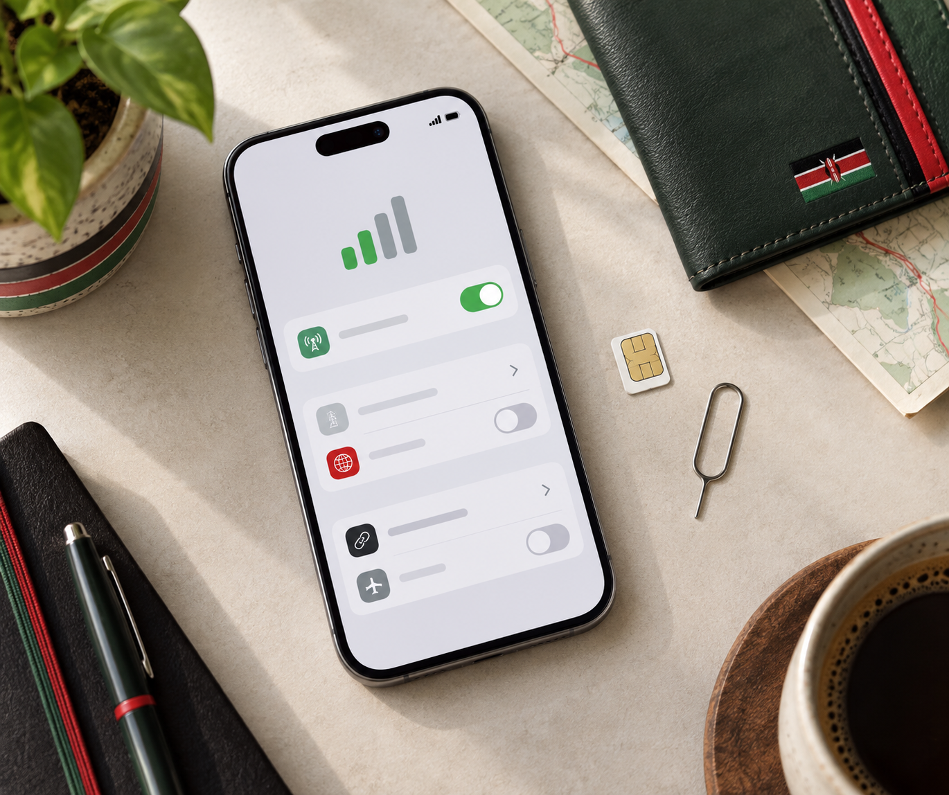 Smartphone, nano SIM card, and SIM eject tool arranged on a travel desk.