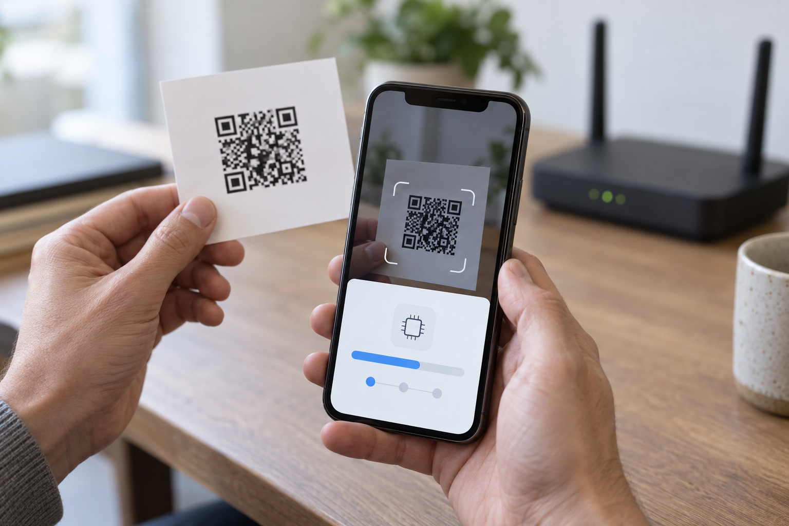 A smartphone scans a QR code on an eSIM activation card while connected to Wi-Fi.